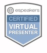 A light blue badge which says e-speakers certified virtual presenter.
